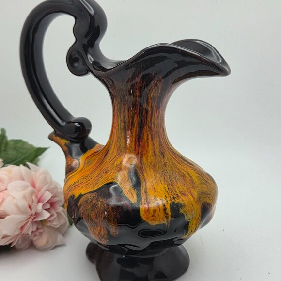 VTG Canadian Pottery Evangeline Pitcher Jug Drip Glaze Orange Brown Black MCM - Picture 5 of 13